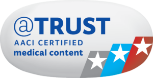 Official AACI Certification Seal for Trustworthy Medical Content, displaying the '@Trust' logo with a blue and white color scheme, accompanied by a graphic element of three stars in red, white, and blue, derived from the AACI logo, indicating verified content.